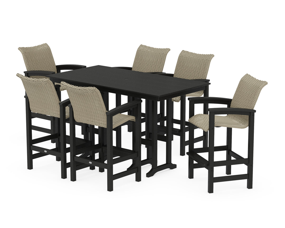 POLYWOOD Coastal Woven Arm Chair 7-Piece Farmhouse Bar Set in Black / Dune Grass