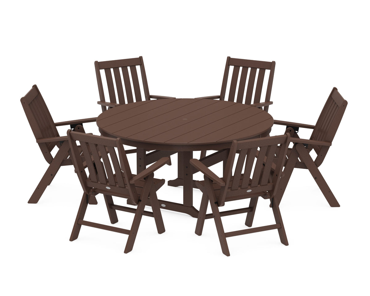 POLYWOOD Vineyard 7-Piece Folding Chair Round Farmhouse Dining Set in Mahogany