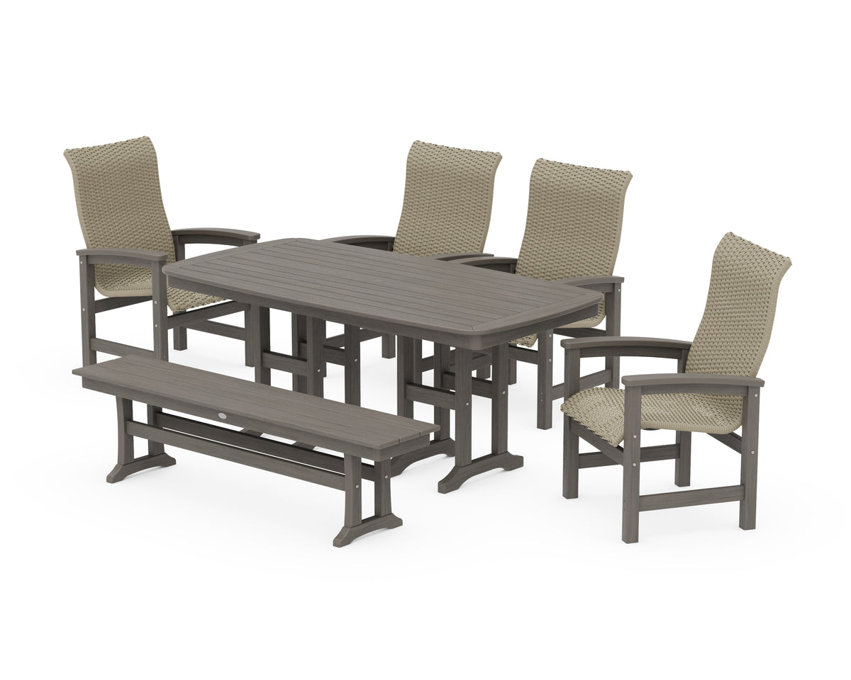 POLYWOOD Coastal Woven High-Back 6-Piece Farmhouse Dining Set with Bench with Nautical 37" x 72" Dining Table in Driftwood / Dune Grass