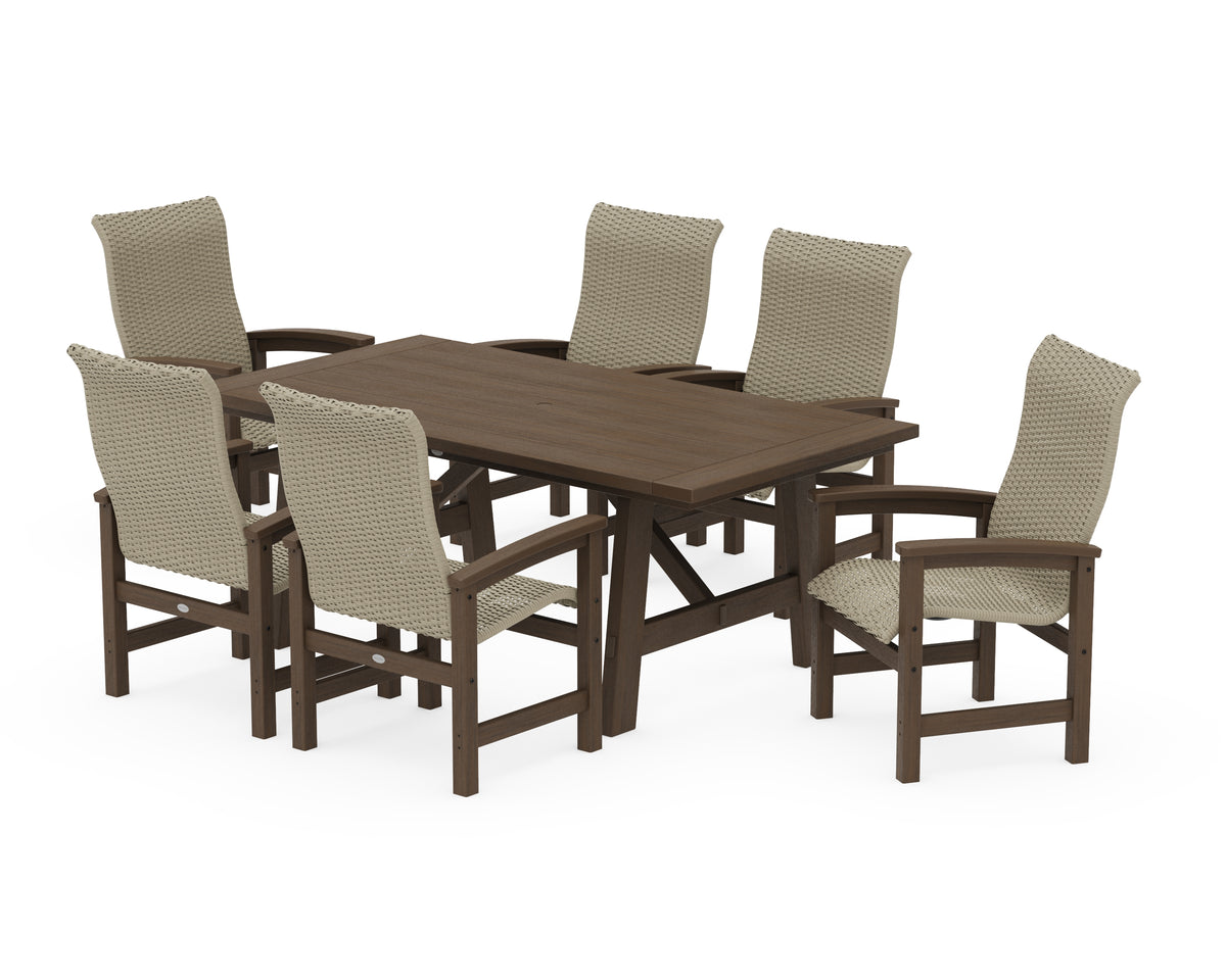 POLYWOOD Coastal Woven High-Back Arm Chair 7-Piece Rustic Farmhouse Dining Set in Kona / Dune Grass