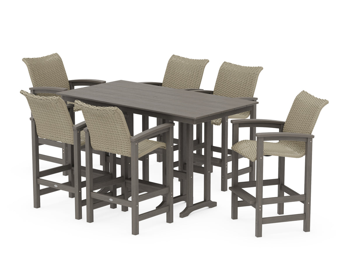 POLYWOOD Coastal Woven Arm Chair 7-Piece Farmhouse Bar Set in Driftwood / Dune Grass