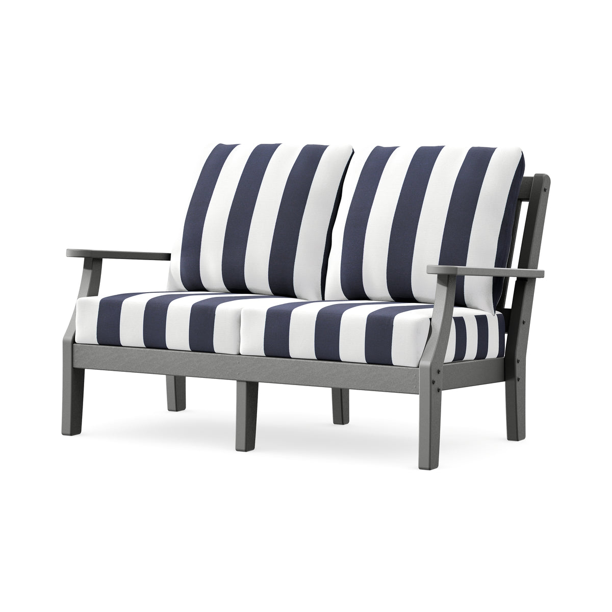 POLYWOOD Chinoiserie Deep Seating Loveseat in Slate Grey / Cabana Stripe Navy