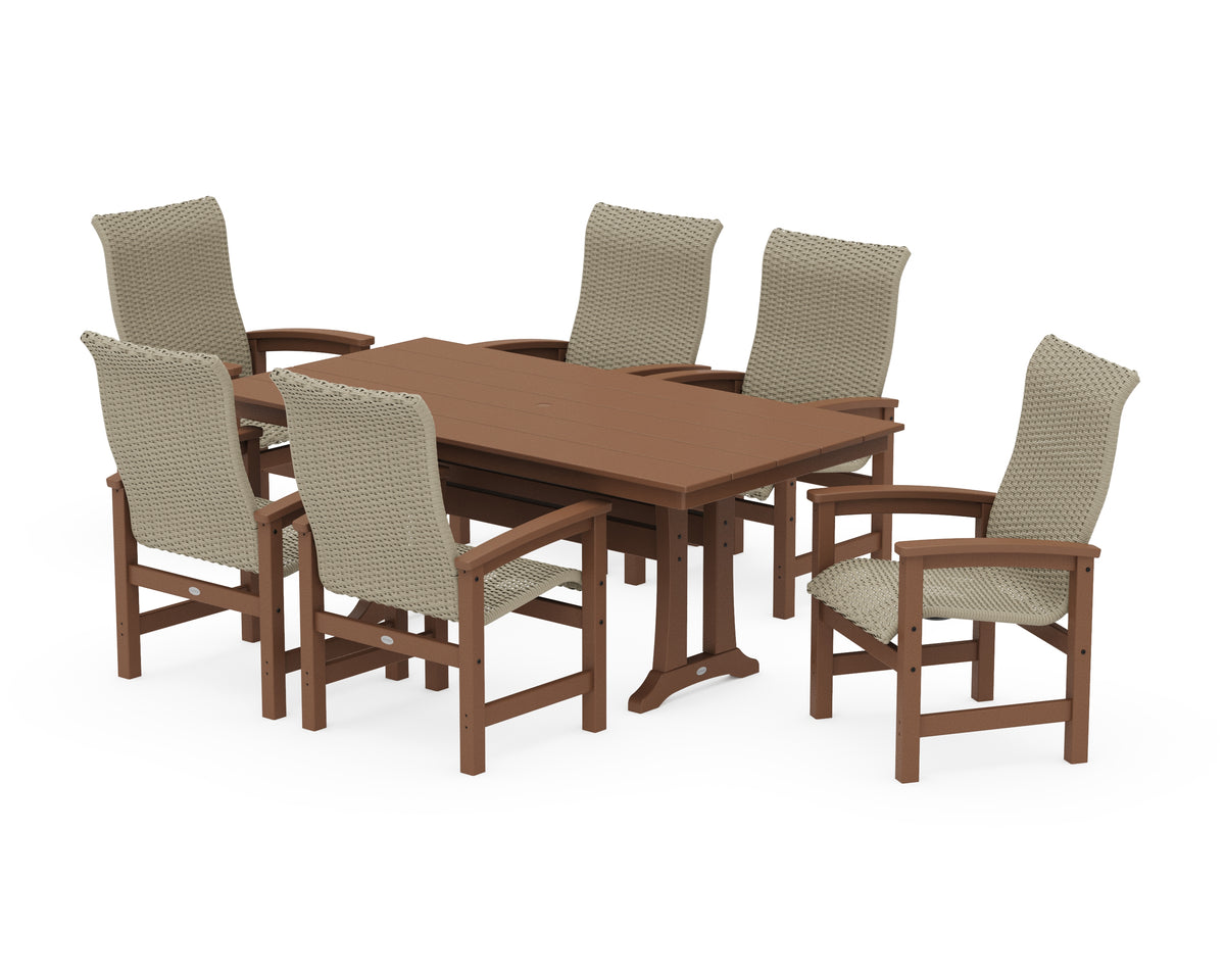 POLYWOOD Coastal Woven High-Back Arm Chair 7-Piece Farmhouse Dining Set with Trestle Legs in Teak / Dune Grass