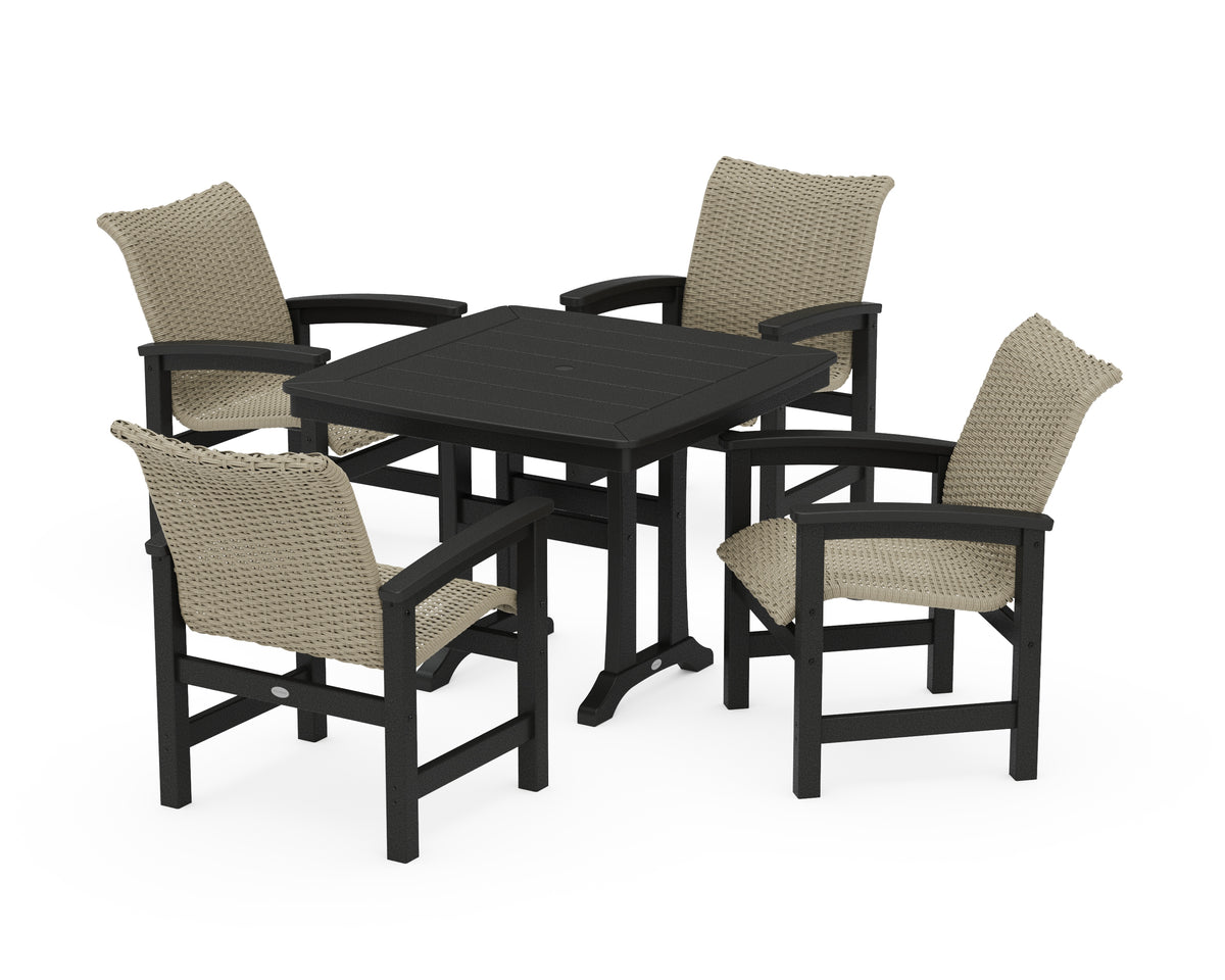POLYWOOD Coastal Woven 5-Piece Dining Set with Trestle Legs in Black / Dune Grass