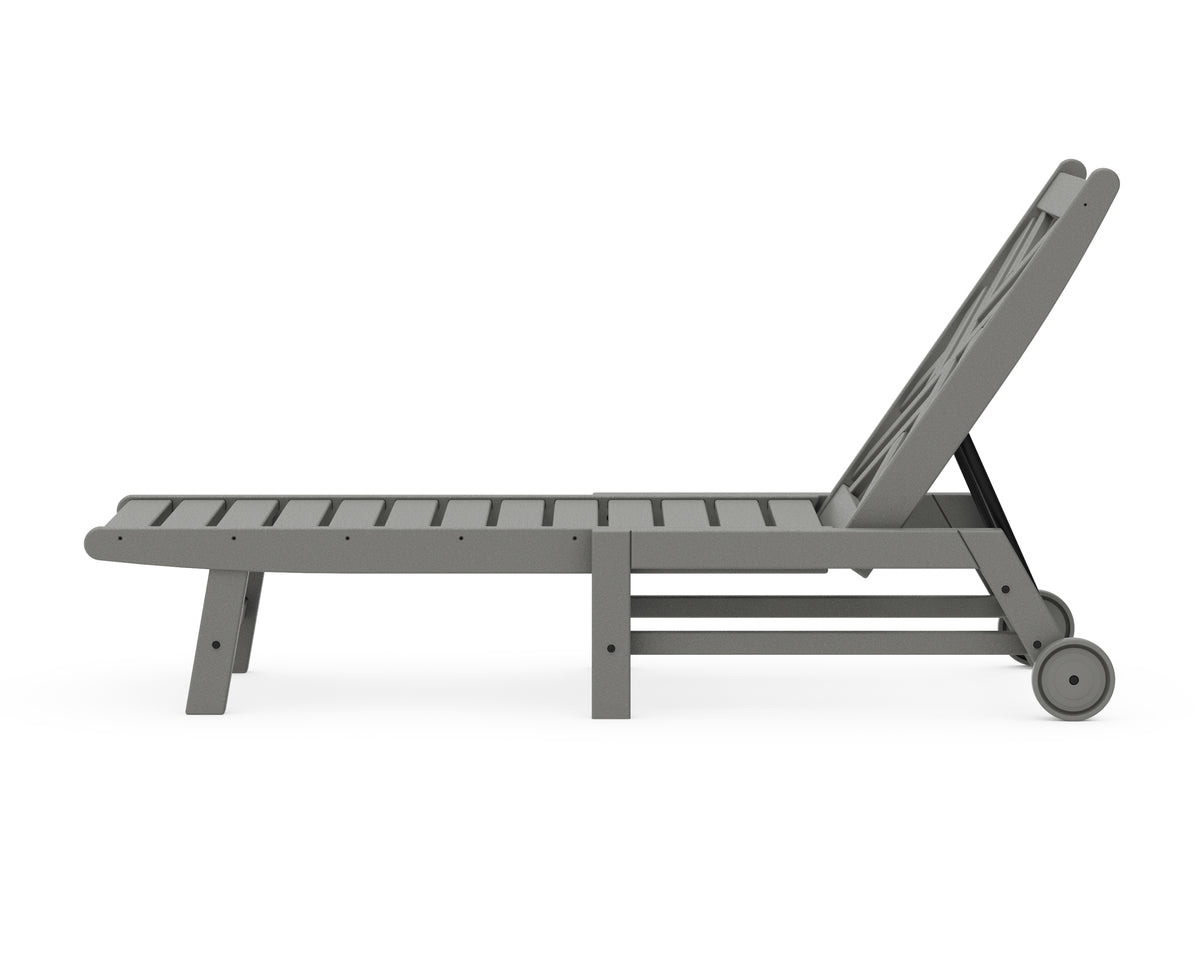 Second angled view of the POLYWOOD Chippendale Chaise with Wheels in Slate Grey