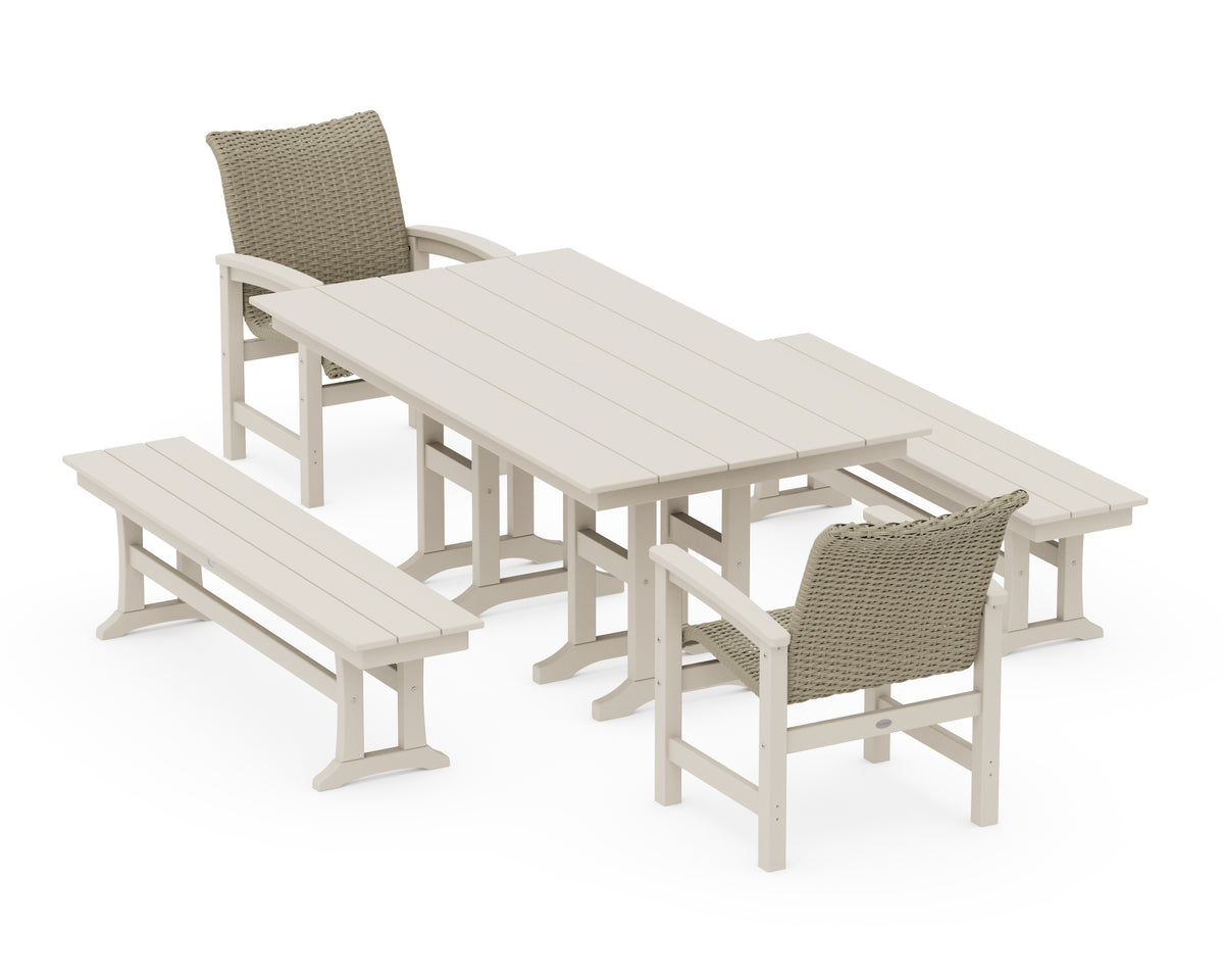 POLYWOOD Coastal Woven 5-Piece Farmhouse Dining Set with Benches in Sand / Dune Grass