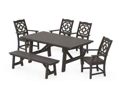 POLYWOOD Chinoiserie 6-Piece Rustic Farmhouse Dining Set with Bench in Vintage Coffee