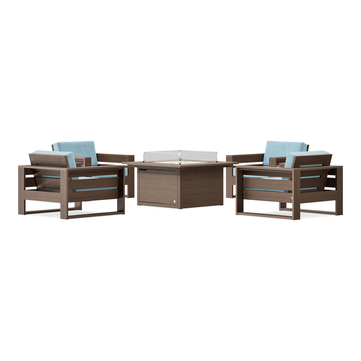POLYWOOD PW Designer Series Latitude 5-Piece Lounge Fire Table Set in Kona / Lattice Sky Blue