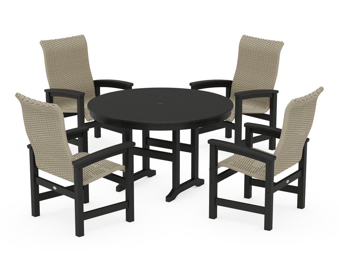 POLYWOOD Coastal Woven High-Back 5-Piece Round Farmhouse Dining Set in Black / Dune Grass