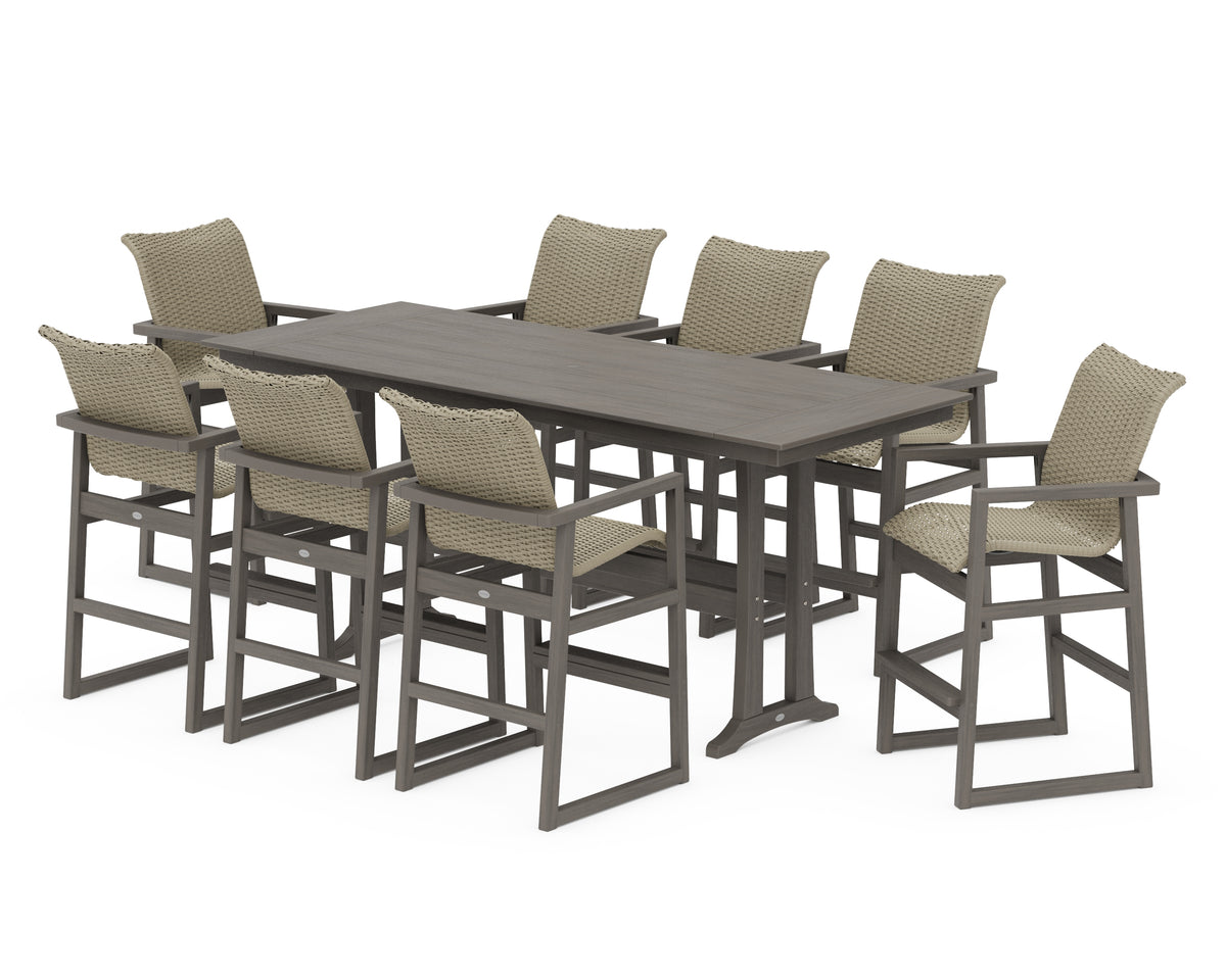 POLYWOOD EDGE Woven 9-Piece Farmhouse Bar Set with Trestle Legs in Driftwood / Dune Grass