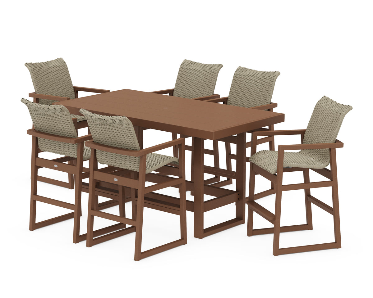 POLYWOOD EDGE Woven Arm Chair 7-Piece Bar Set in Teak / Dune Grass