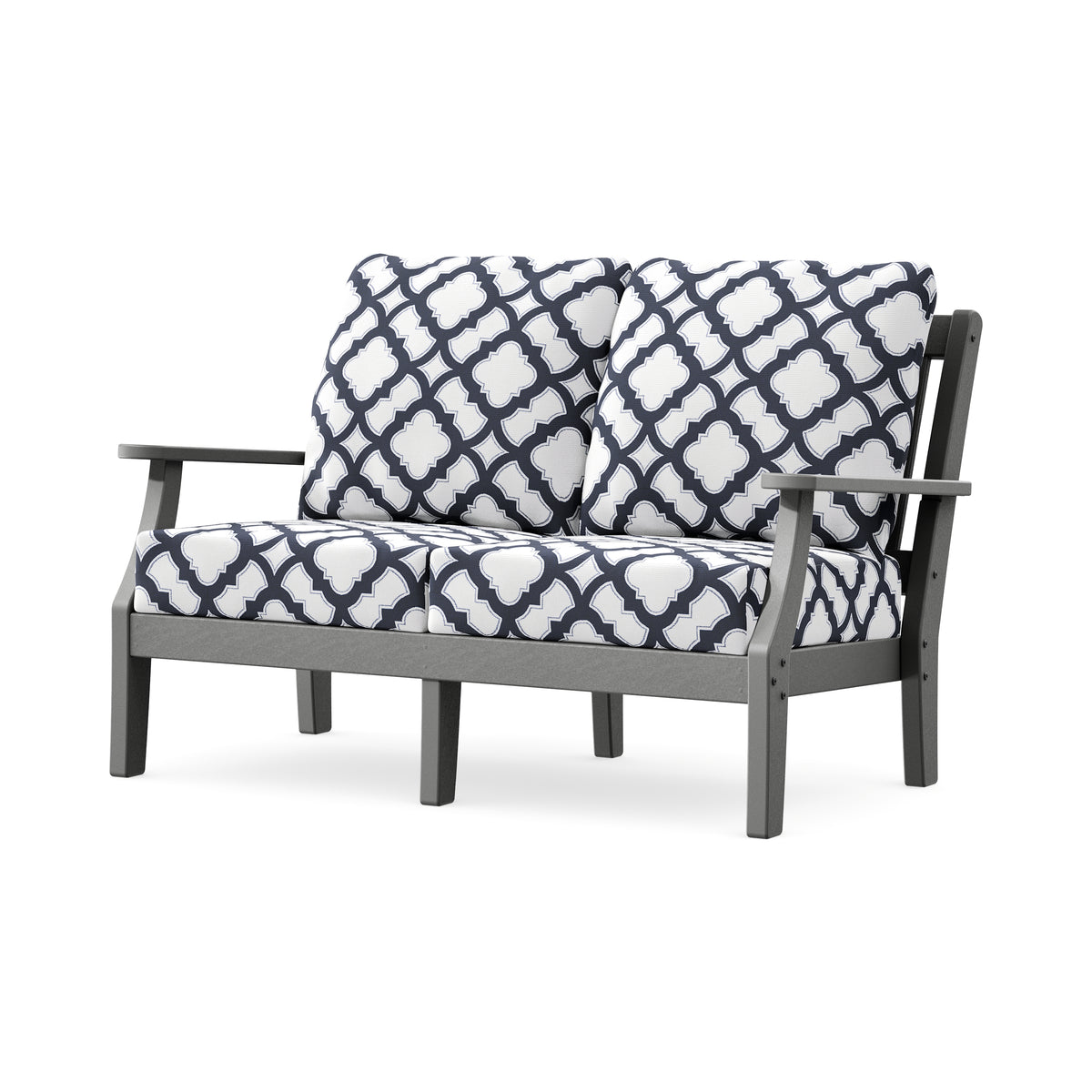 POLYWOOD Chinoiserie Deep Seating Loveseat in Slate Grey / Trellis Navy