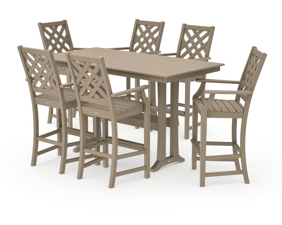 POLYWOOD Country Living Wovendale Arm Chair 7-Piece Farmhouse Bar Set with Trestle Legs in Vintage Sahara