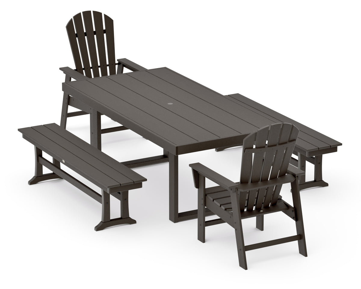 POLYWOOD South Beach 5-Piece Dining Set with Benches - 39" x 78" Table in Vintage Coffee