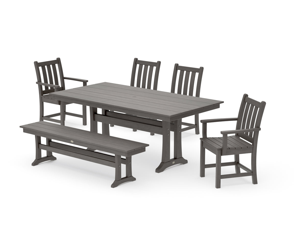 POLYWOOD Traditional Garden 6-Piece Farmhouse Dining Set with Trestle Legs and Bench in Driftwood