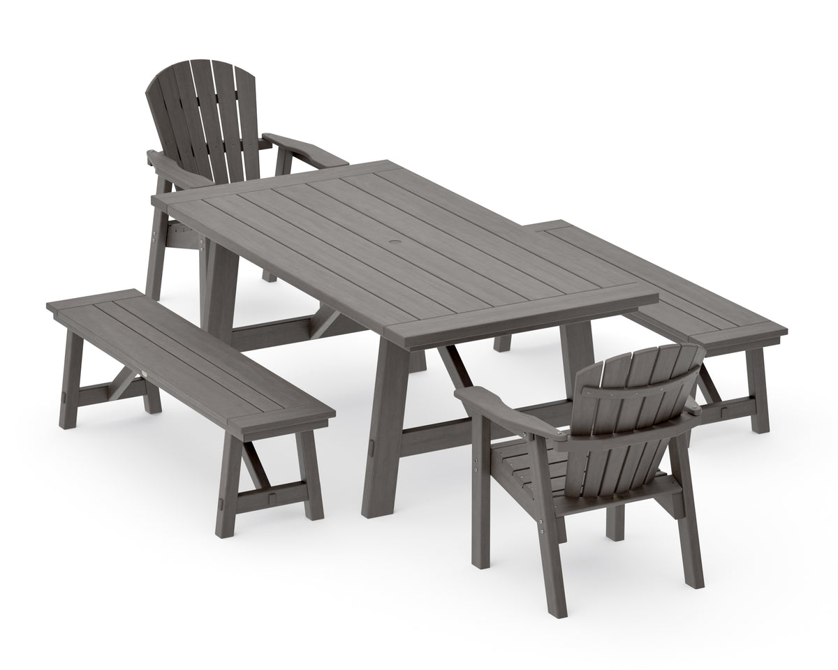 POLYWOOD Seashell 5-Piece Rustic Farmhouse Dining Set with Benches in Driftwood
