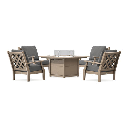 POLYWOOD Country Living Wovendale 5-Piece Deep Seating Set with Fire Pit Table in Vintage Sahara