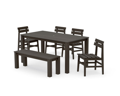 POLYWOOD Modern Studio Plaza Chair 6-Piece Parsons Dining Set with Bench in Vintage Coffee