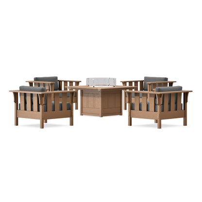 POLYWOOD Acadia 5-Piece Deep Seating Set with Fire Pit Table in Teak