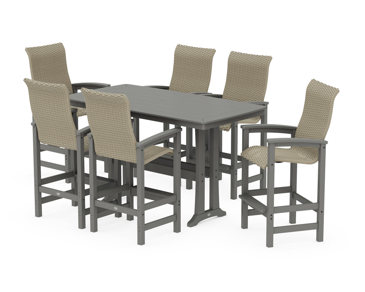 POLYWOOD Coastal Woven High-Back Arm Chair 7-Piece Bar Set with Trestle Legs in Slate Grey / Dune Grass