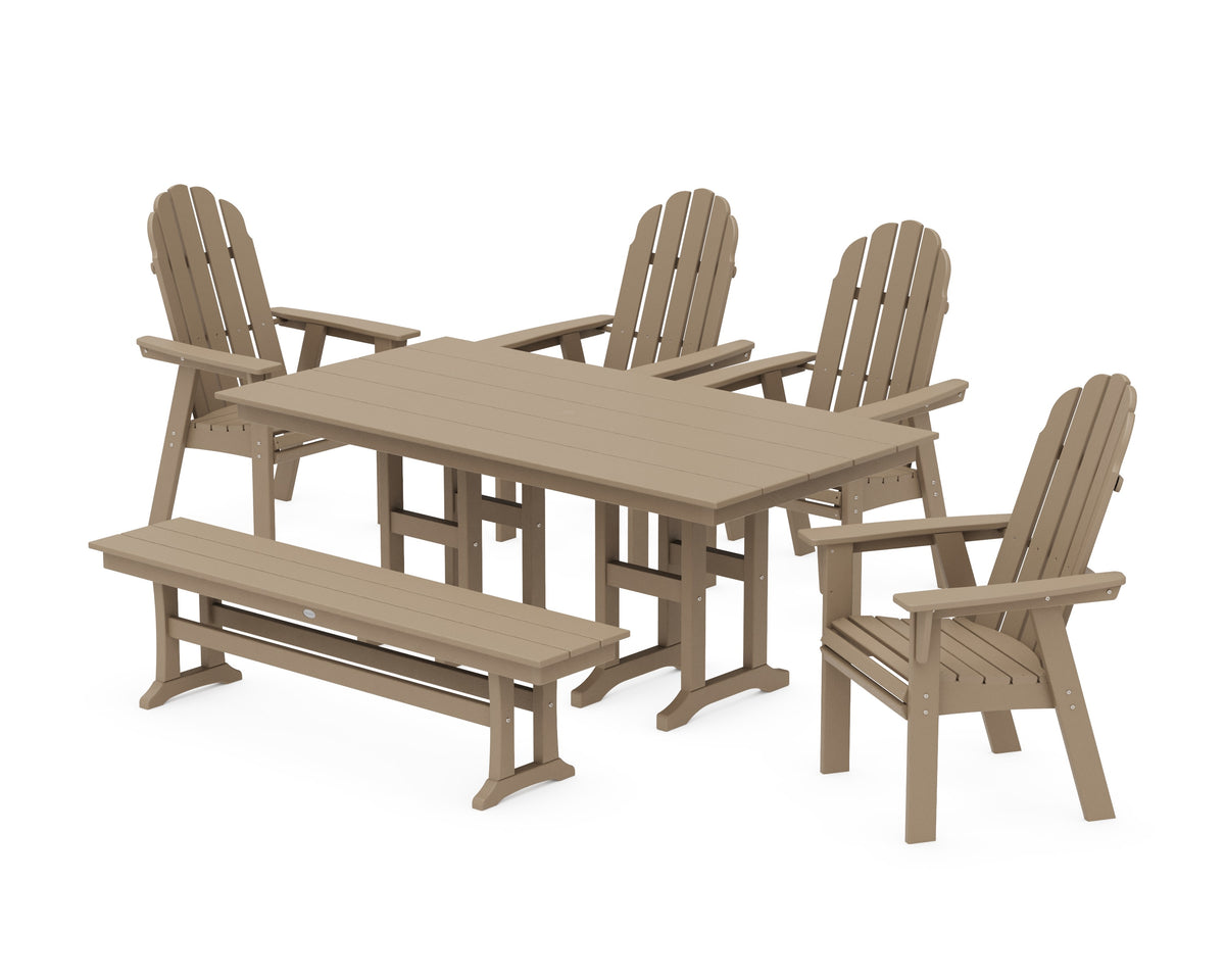POLYWOOD Vineyard Curveback Adirondack Chair 6-Piece Farmhouse Dining Set with Bench in Vintage Sahara