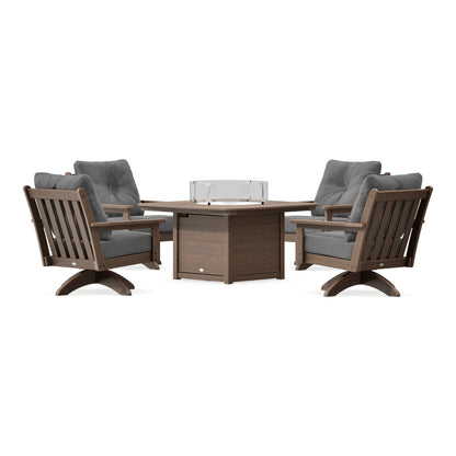 POLYWOOD Vineyard 5-Piece Deep Seating Swivel Conversation Set with Fire Pit Table in Kona