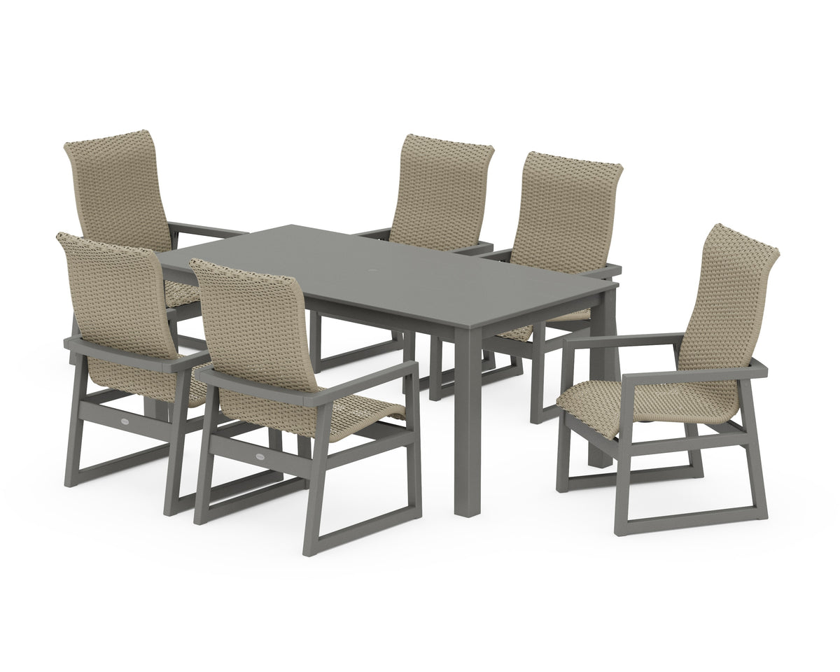 POLYWOOD EDGE Woven High-Back Arm Chair 7-Piece Parsons Dining Set in Slate Grey / Dune Grass