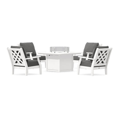 POLYWOOD Country Living Wovendale 5-Piece Deep Seating Set with Fire Pit Table in White