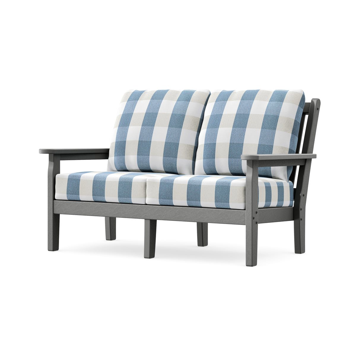 POLYWOOD Chippendale Deep Seating Loveseat in Slate Grey / Buffalo Plaid Sky Blue
