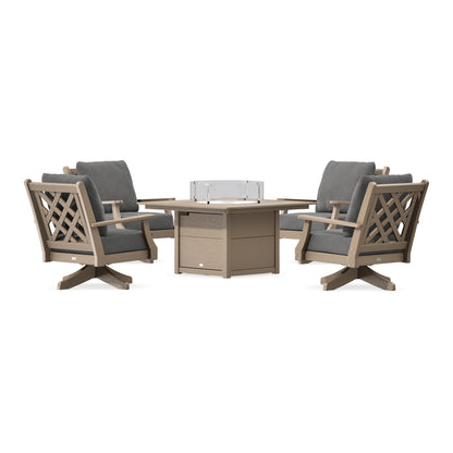 POLYWOOD Country Living Wovendale 5-Piece Deep Seating Swivel Conversation Set with Fire Pit Table in Vintage Sahara