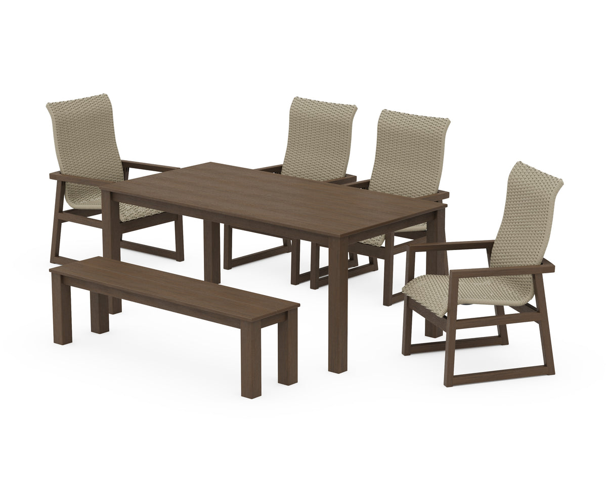 POLYWOOD EDGE Woven High-Back 6-Piece Parsons Dining Set with Bench in Kona / Dune Grass