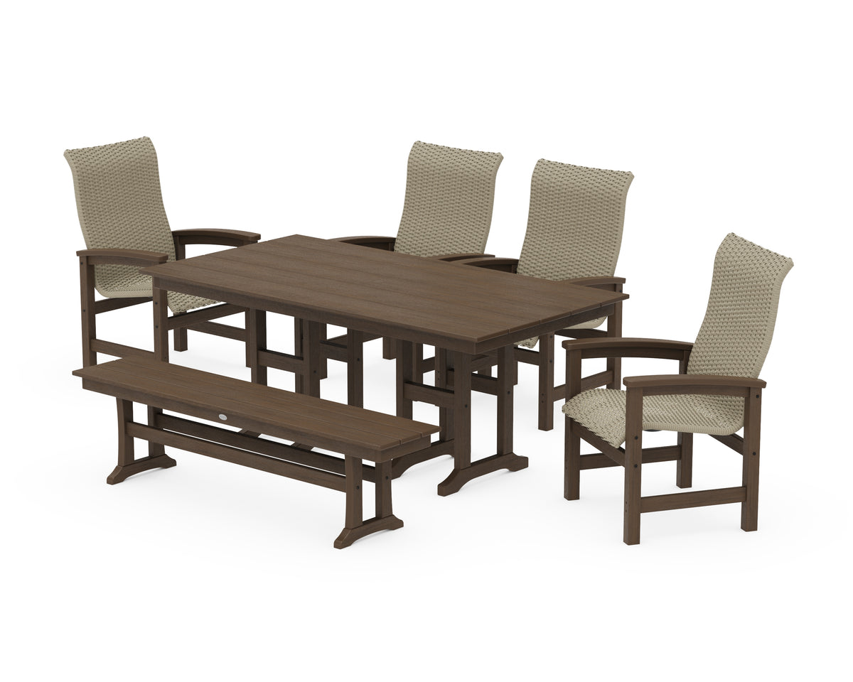 POLYWOOD Coastal Woven High-Back 6-Piece Farmhouse Dining Set with Bench with Farmhouse 37" x 72" Dining Table in Kona / Dune Grass