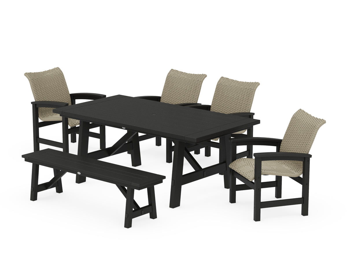 POLYWOOD Coastal Woven 6-Piece Rustic Farmhouse Dining Set with Bench in Black / Dune Grass