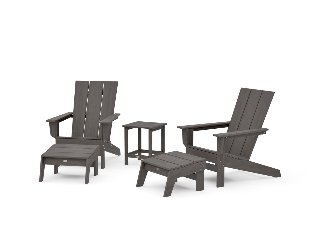 POLYWOOD 5-Piece Modern Studio Adirondack Set with Ottomans and Side Table in Driftwood
