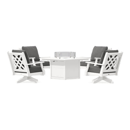 POLYWOOD Country Living Wovendale 5-Piece Deep Seating Swivel Conversation Set with Fire Pit Table in Vintage White
