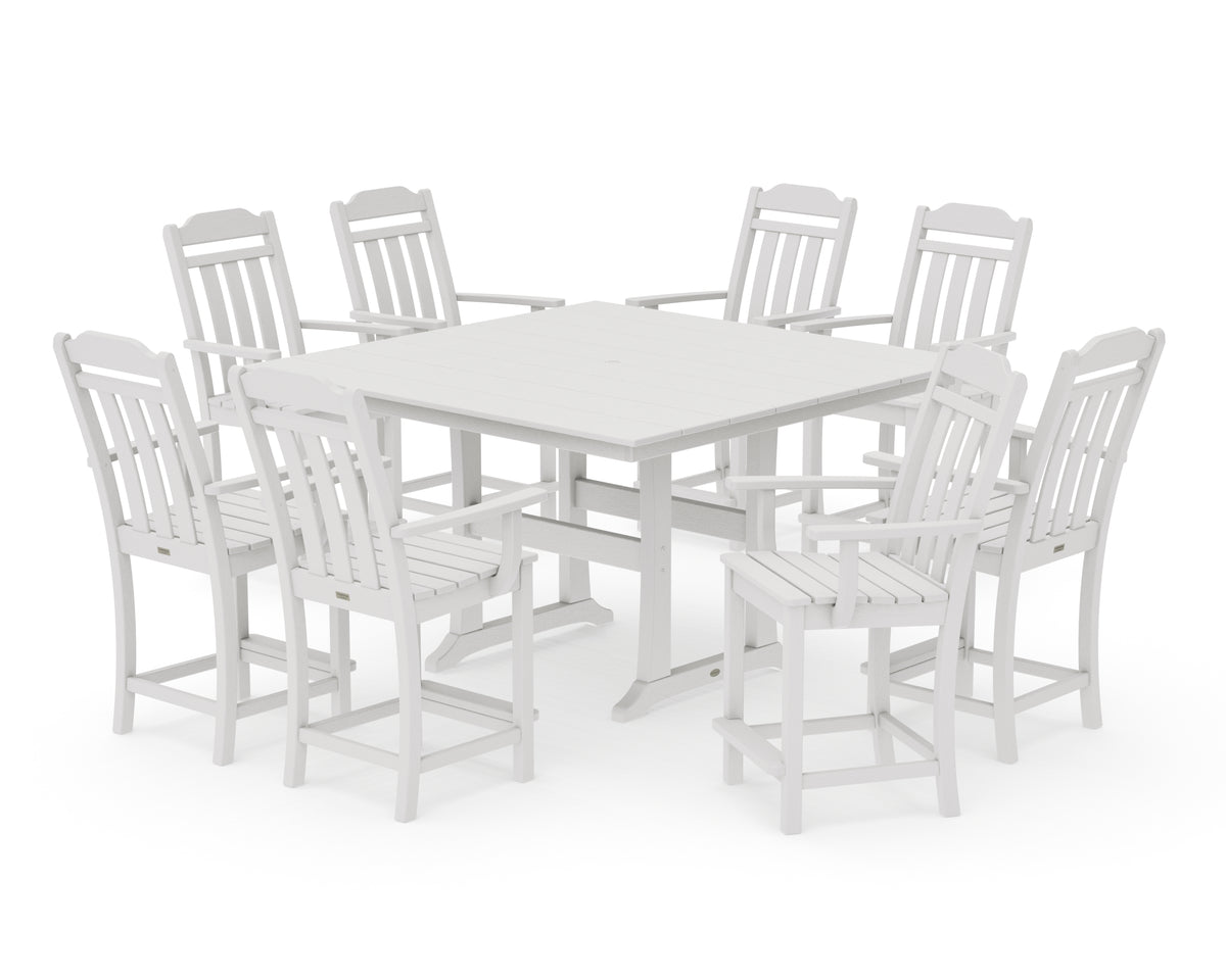 POLYWOOD Country Living Cottage 9-Piece Square Farmhouse Counter Set with Trestle Legs in Vintage White
