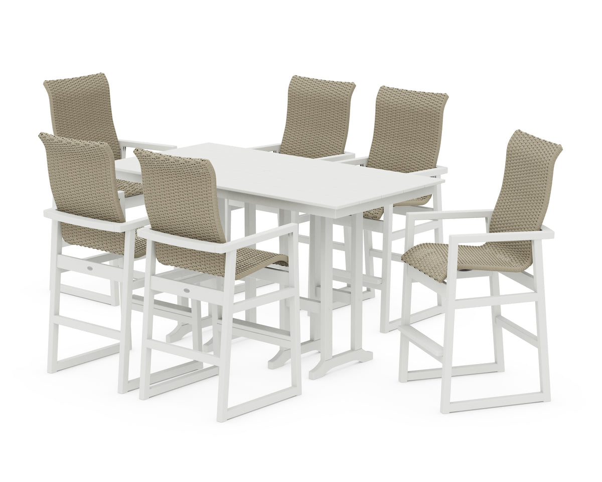 POLYWOOD EDGE Woven Highback Arm Chair 7-Piece Farmhouse Bar Set in Vintage White / Dune Grass