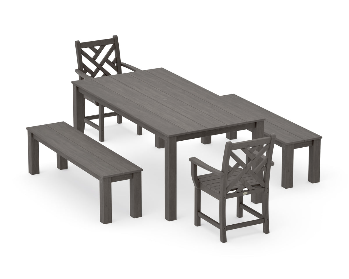POLYWOOD Chippendale 5-Piece Parsons Dining Set with Benches in Driftwood