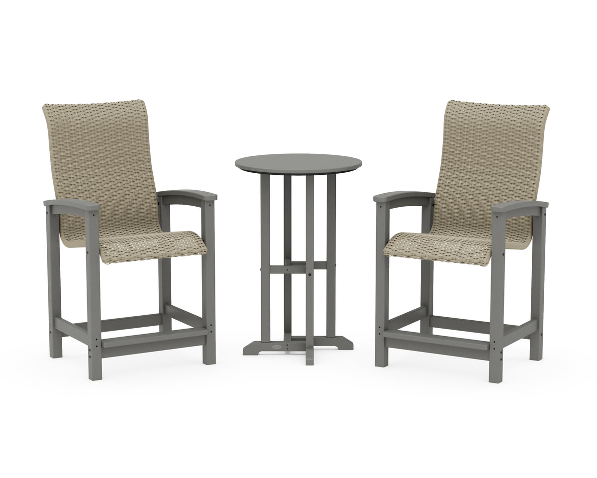 POLYWOOD Coastal Woven High-Back 3-Piece Farmhouse Counter Set in Slate Grey / Dune Grass