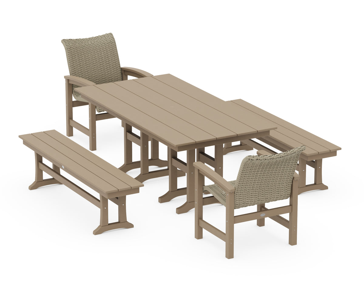 POLYWOOD Coastal Woven 5-Piece Farmhouse Dining Set with Benches in Vintage Sahara / Dune Grass