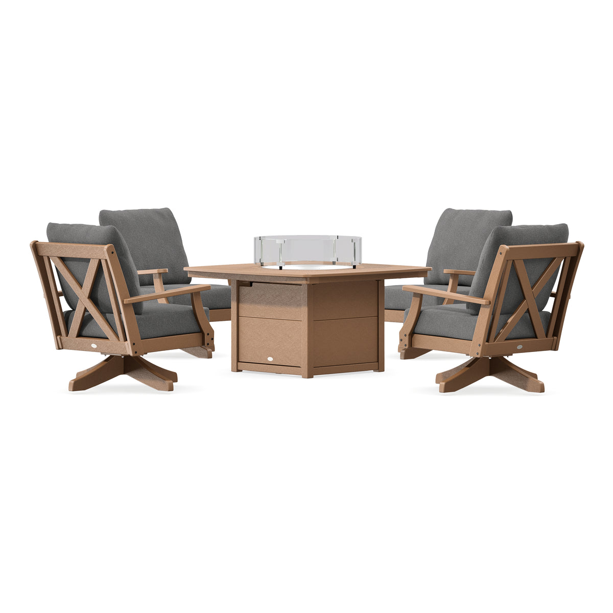 POLYWOOD Braxton 5-Piece Deep Seating Swivel Conversation Set with Fire Pit Table in Teak