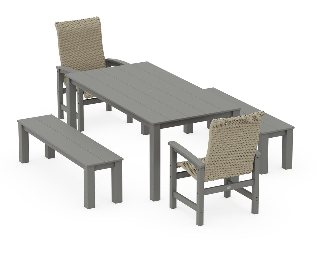 POLYWOOD Coastal Woven High-Back 5-Piece Parsons Dining Set with Benches in Slate Grey / Dune Grass