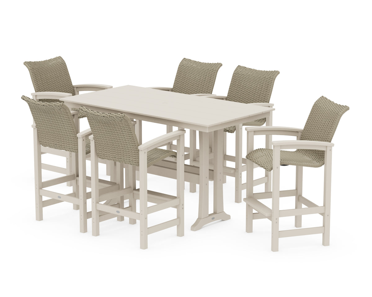 POLYWOOD Coastal Woven Arm Chair 7-Piece Farmhouse Bar Set with Trestle Legs in Sand / Dune Grass