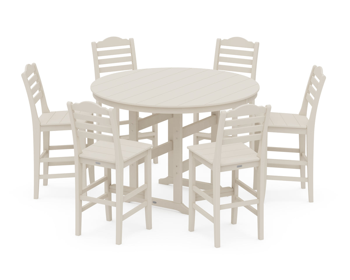 POLYWOOD Savannah 7-Piece Farmhouse Side Chair Round Bar Set in Sand