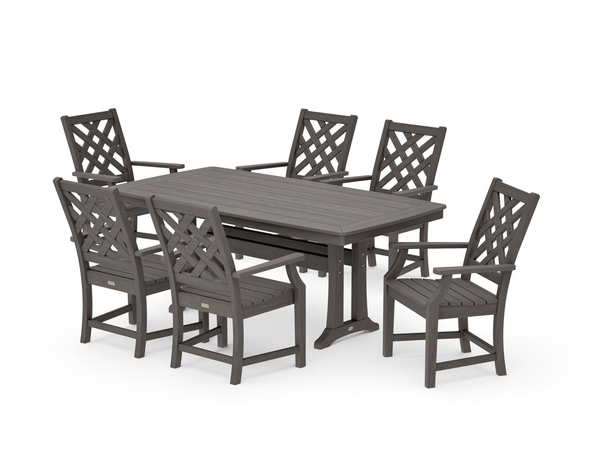 POLYWOOD Wovendale Arm Chair 7-Piece Dining Set with Trestle Legs in Driftwood
