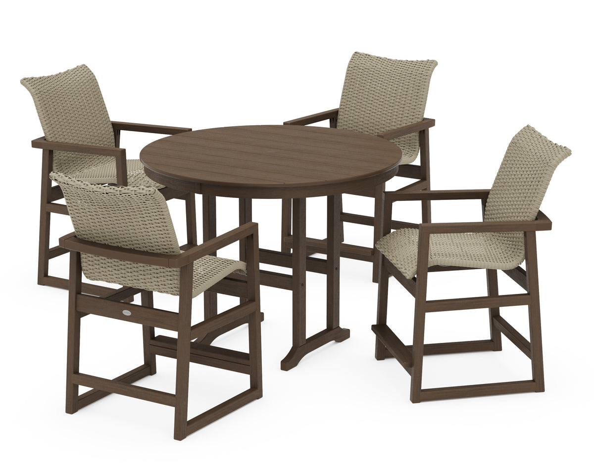 POLYWOOD EDGE Woven 5-Piece Round Farmhouse Counter Set in Kona / Dune Grass