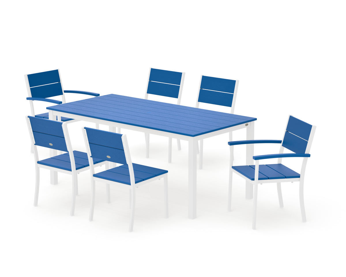 POLYWOOD Main Street 7-Piece Dining Set with Main Street 36" x 72" Dining Table in White / Pacific Blue