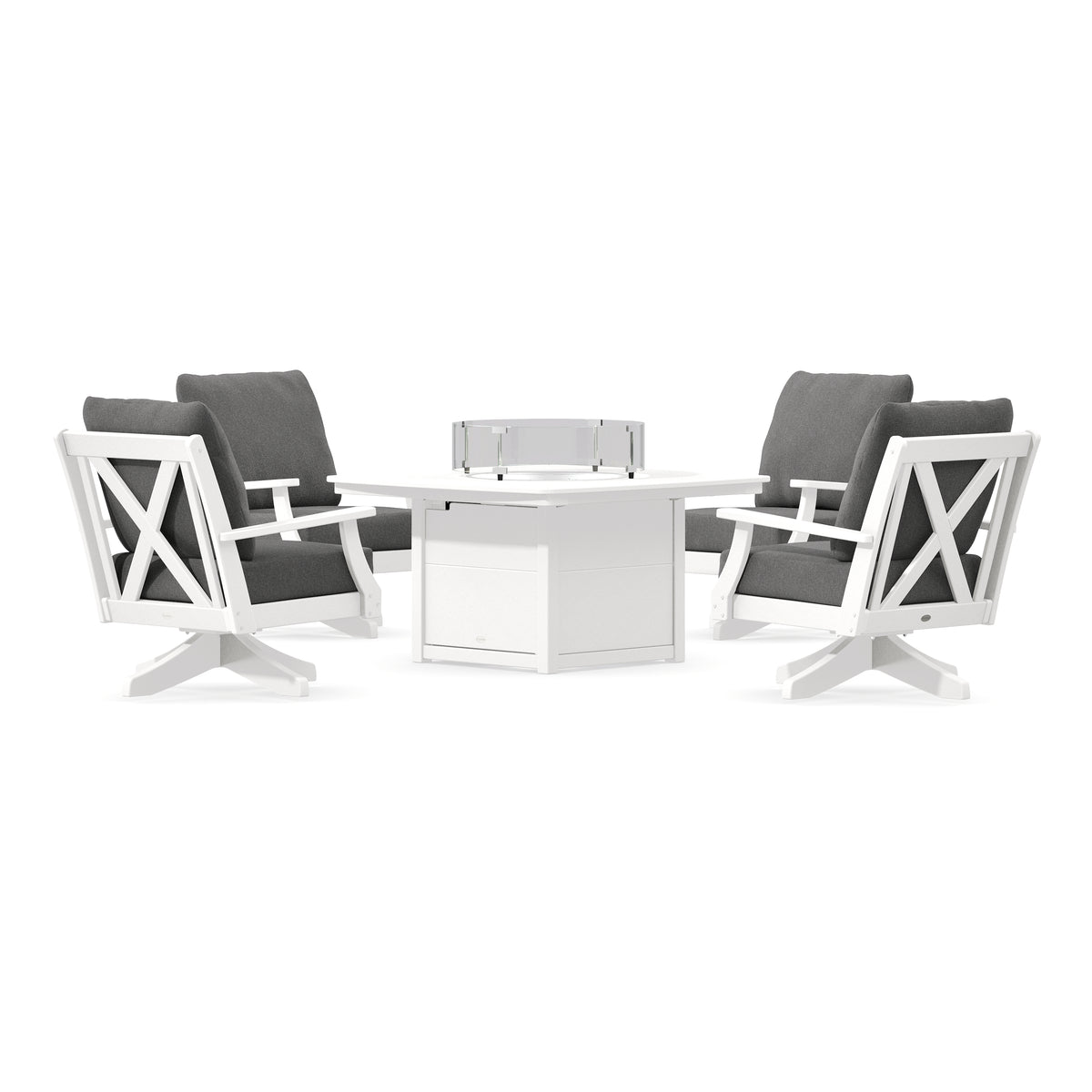 POLYWOOD Braxton 5-Piece Deep Seating Swivel Conversation Set with Fire Pit Table in White