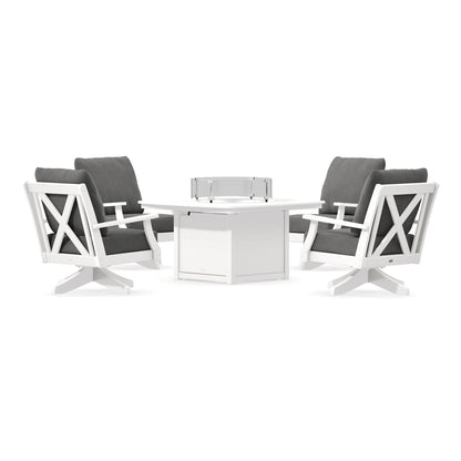 POLYWOOD Braxton 5-Piece Deep Seating Swivel Conversation Set with Fire Pit Table in White