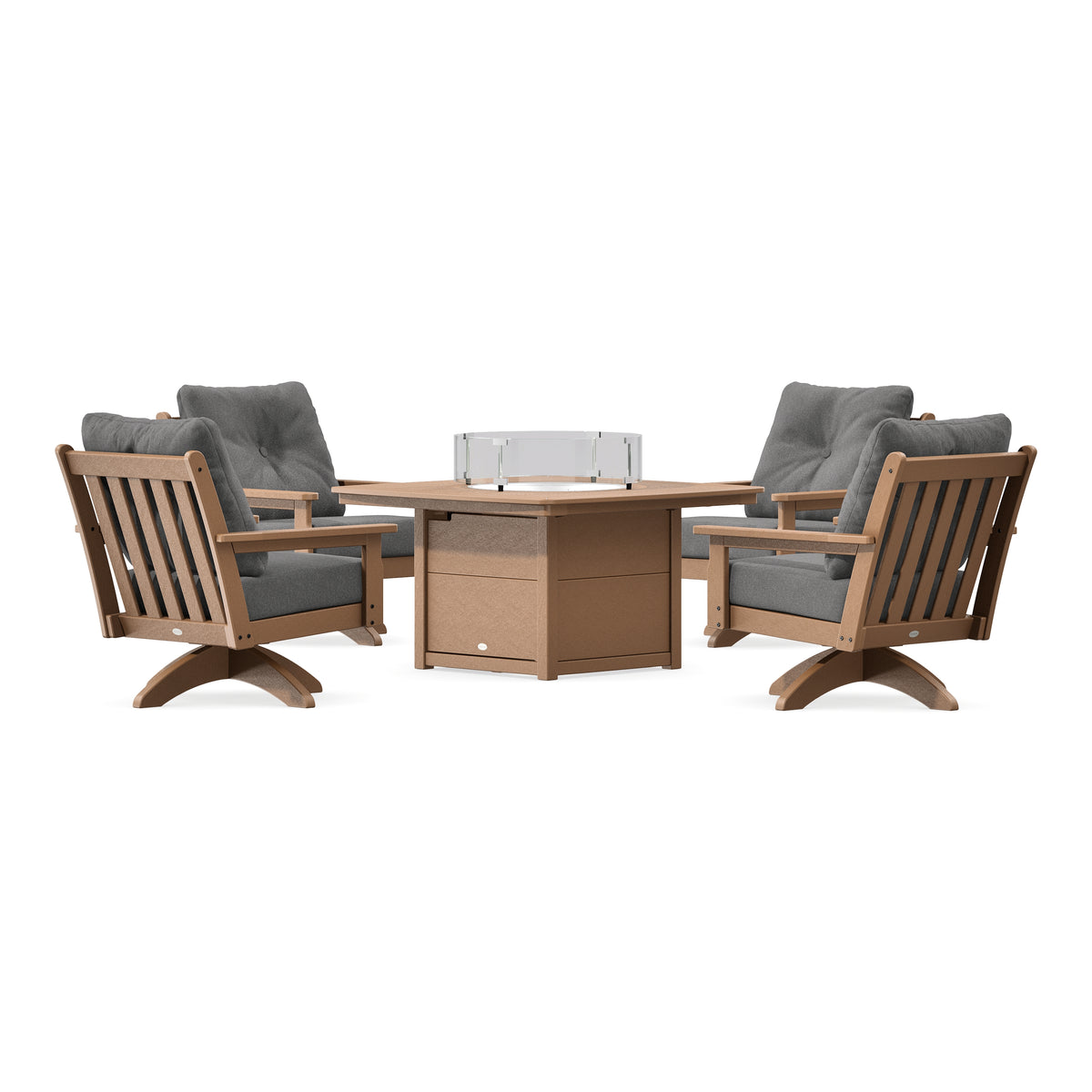 POLYWOOD Vineyard 5-Piece Deep Seating Swivel Conversation Set with Fire Pit Table in Teak